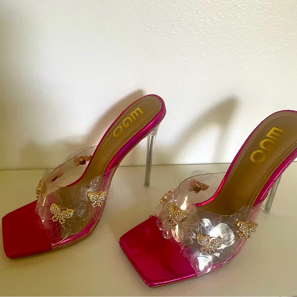 EGO Shoes - LuxeModa Fuchsia Diamond Butterfly Square Peep Toe Heel Clear Pump Mule size 4